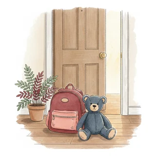 Sac à dos d'enfant et ourson près d'une porte